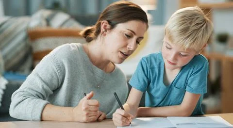 Help, homework and mom with boy in home with activity sheet, development an.. Stock Photos