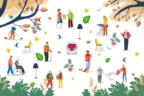 Help in house work for elderly people, vector illustration. Social worker with Ilustración de archivo