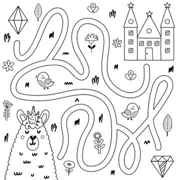 Help the king llama get to his castle. Black and white maze game for kids Stock Illustration