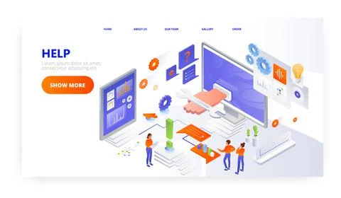 Help landing page design, website banner vector template. Technical assistance Stock Illustration