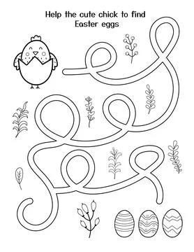 Help little chick to find eggs. Easter maze game for kids. Black and white Stock-Illustration
