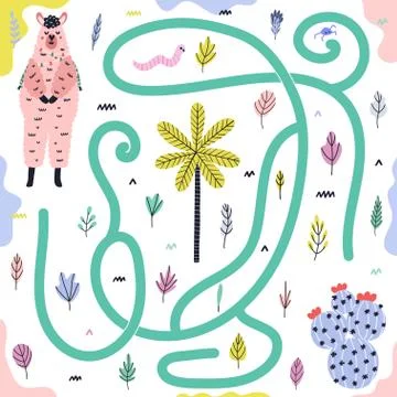 Help the llama to find way to the cactus. Maze game for kids with cute llama Stock Illustration