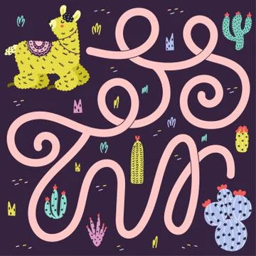 Help llama to find way to the cactus. Funny maze game Stock Illustration