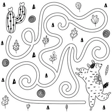 Help llama to find the way to the cactus. Black and white maze game Stock Illustration