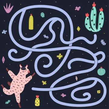 Help llama to find the way to cactus. Funny colorful maze game Stock Illustration