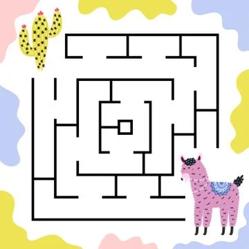 Help llama to get to the cactus. Maze game for kids Stock Illustration