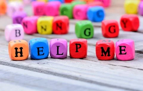 Help me words on table Stock Photos