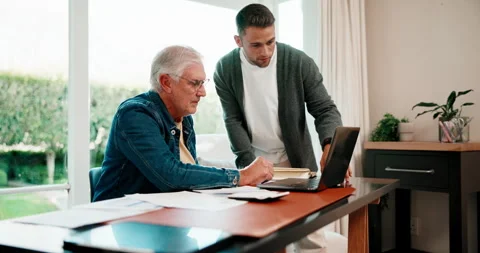 Help, men and senior father with laptop for finance question, mortgage planning Stock Footage 341438222