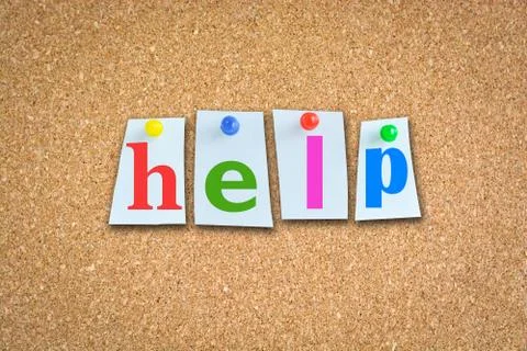 Help message with memo papers on cork billboard and pins Stock-Fotos