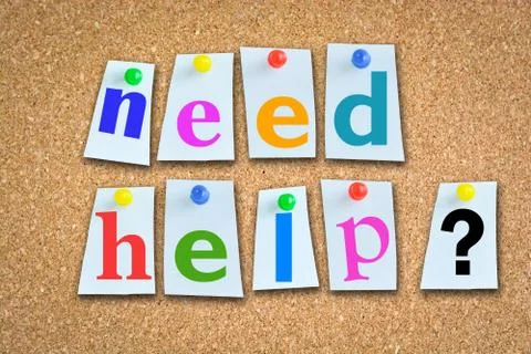 Help message with memo papers on cork billboard and pins Stock-Fotos