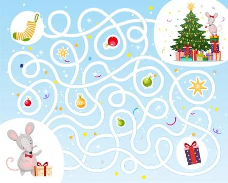 Help the mouse find a way to visit with a gift for the new year. Maze game for Stock Illustration