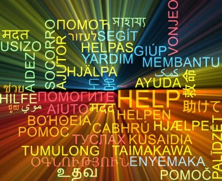 Help multilanguage wordcloud background concept glowing Illustrazione stock