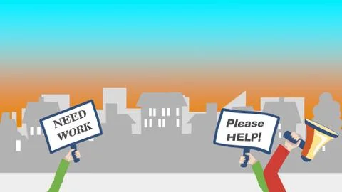 Help needed finding a work. 2d illustration with hand holding sign board asking Illustrazione stock