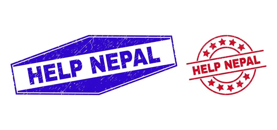 HELP NEPAL Corroded Badges in Circle and Hexagon Forms Illustrazione stock
