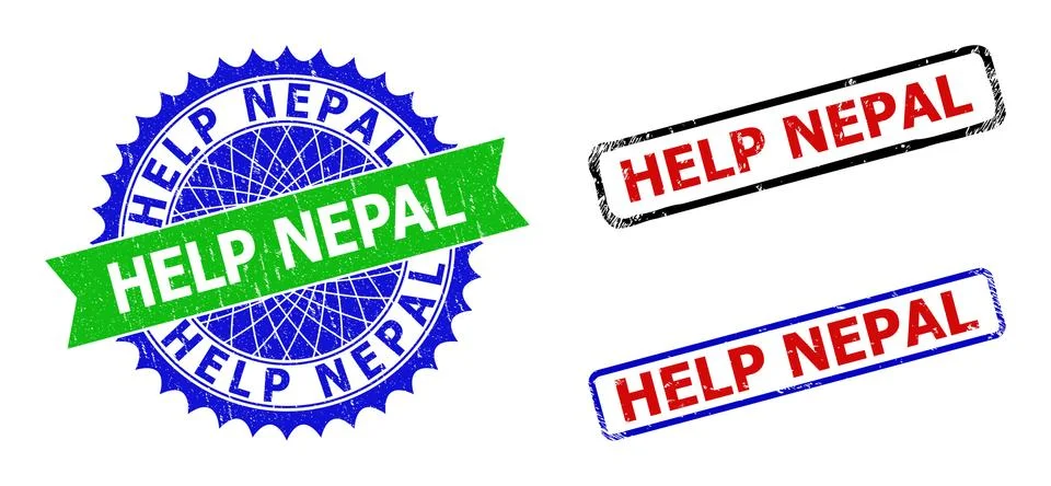 HELP NEPAL Rosette and Rectangle Bicolor Seals with Grunged Textures Stock Illustration