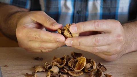 With the help of a nutcracker, the nut is crushed and the fruits are extracte Stock Footage 282885396