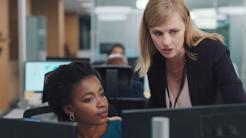 Help, office and computer of business people or women manager and employee with Stock Footage 226536457
