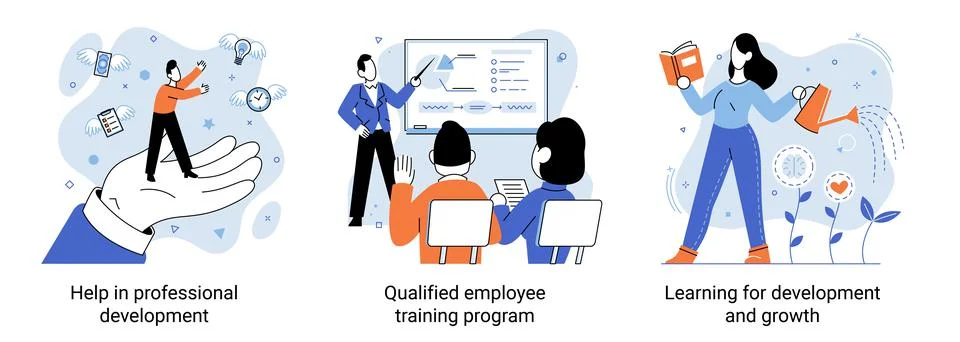 Help in professional development. Qualified employee training program. Learning Stock Illustration