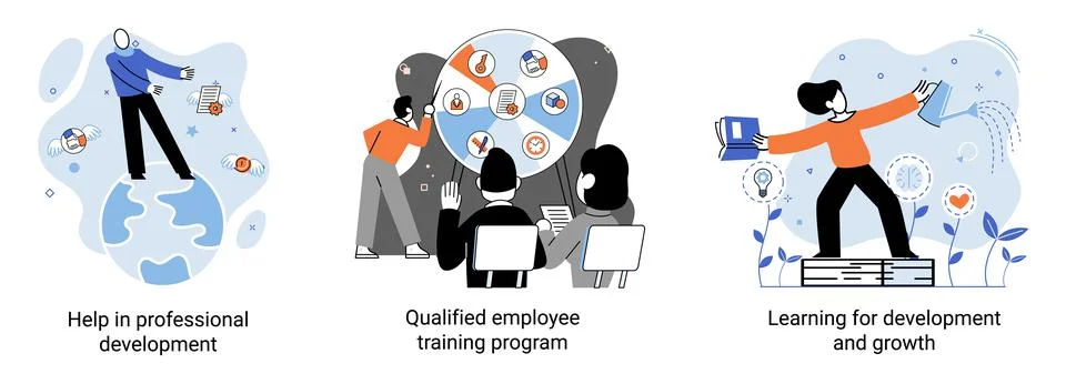 Help in professional development. Qualified employee training program. Learning Illustrazione stock