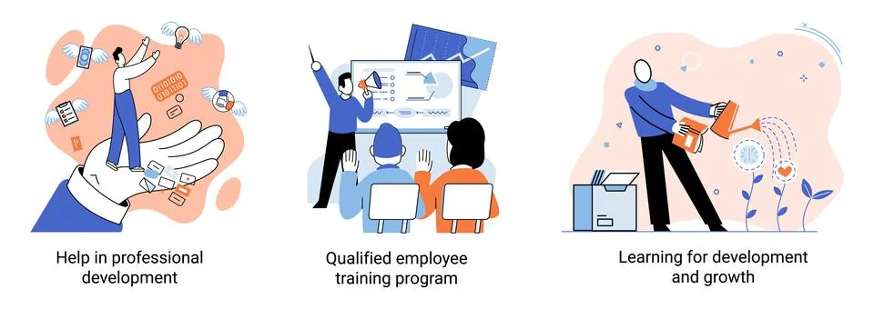 Help in professional development. Qualified employee training program. Learning Illustrazione stock