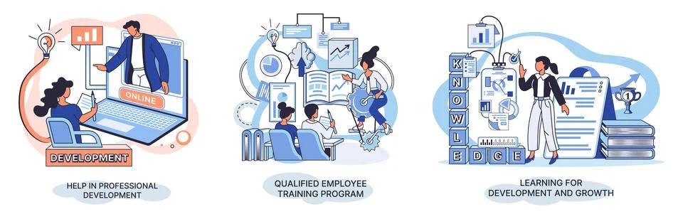 Help in professional development. Qualified employee training program. Learning Illustrazione stock