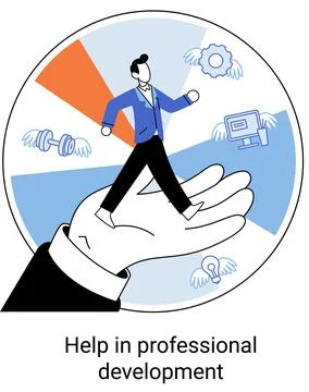 Help in professional development. Qualified employee training program. Human Illustrazione stock