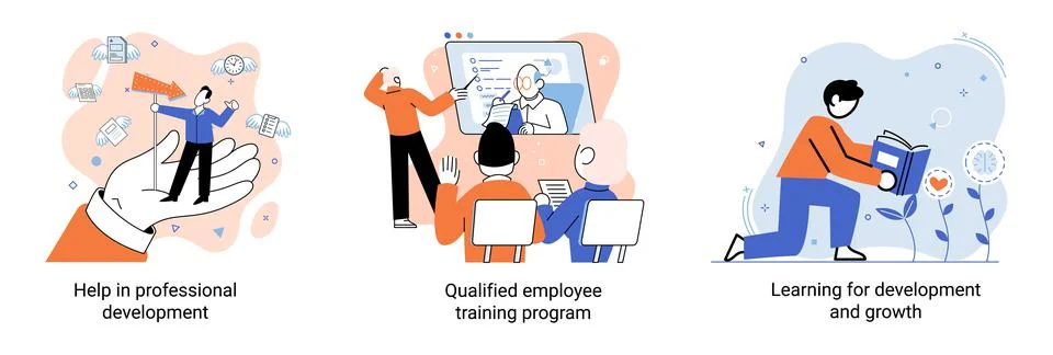 Help in professional development. Qualified employee training program. Learning Illustrazione stock