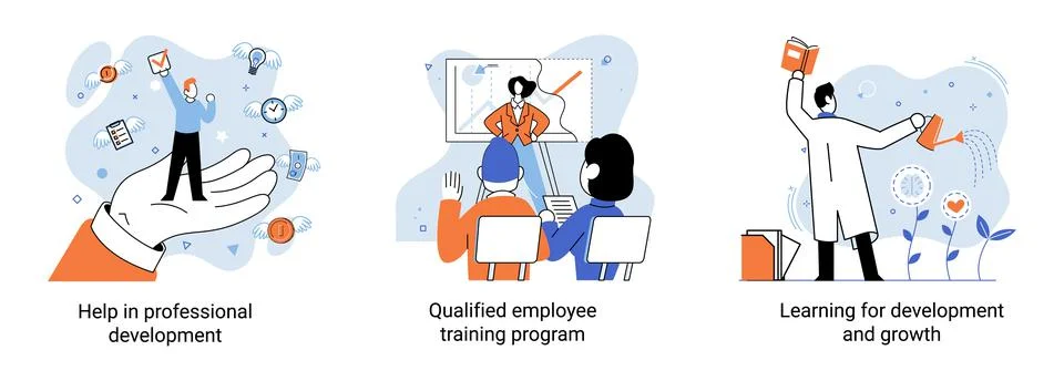 Help in professional development. Qualified employee training program. Learning Illustrazione stock