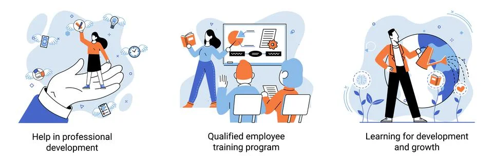Help in professional development. Qualified employee training program. Learning Illustrazione stock