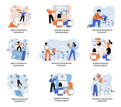 Help in professional development. Qualified employee training program. Learning Illustrazione stock