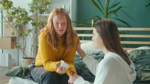 Help. Red Haired Unhappy Depressed Teenager Girl Talks to Female Friend, Stock Footage 212212924