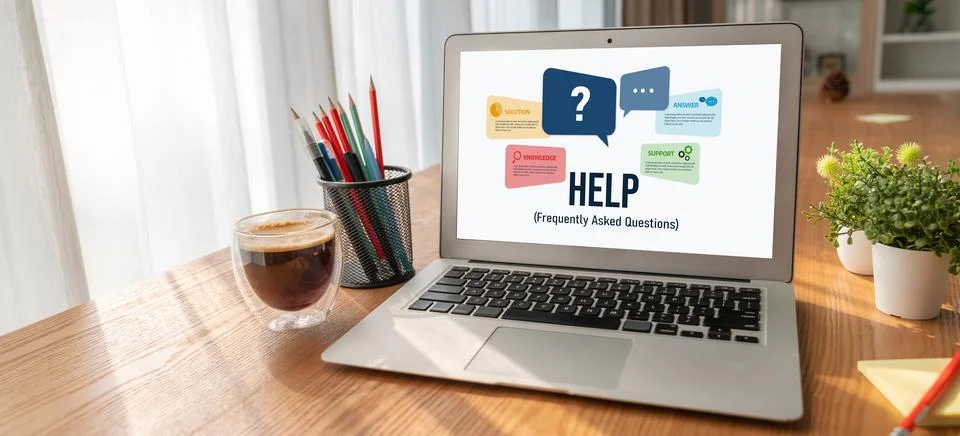 Help screen on the website provide answer to FAQ snugly 스톡 사진