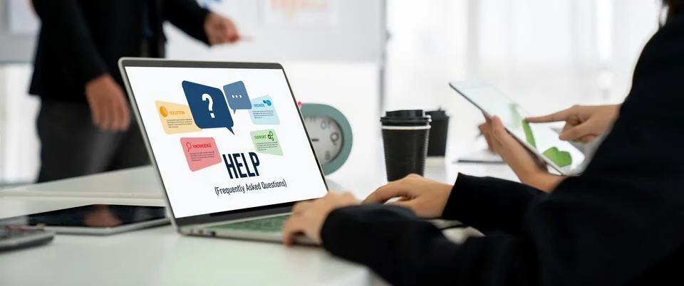 Help screen on the website provide answer to FAQ snugly 스톡 사진
