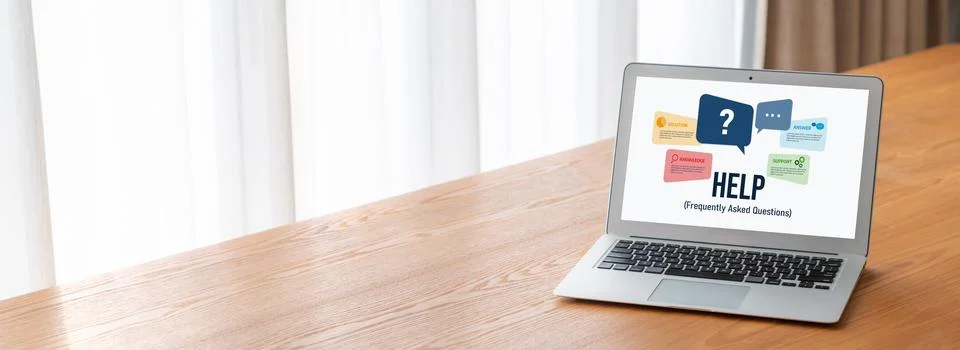 Help screen on the website provide answer to FAQ snugly Foto stock