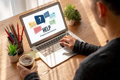 Help screen on the website provide answer to FAQ snugly 스톡 사진