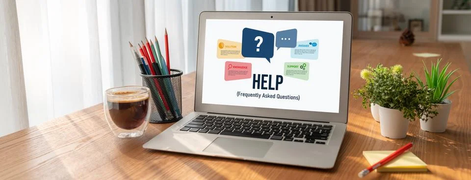 Help screen on the website provide answer to FAQ snugly 스톡 사진