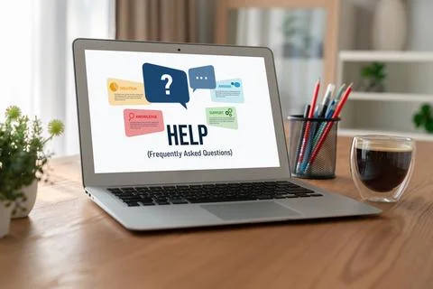 Help screen on the website provide answer to FAQ snugly Foto stock