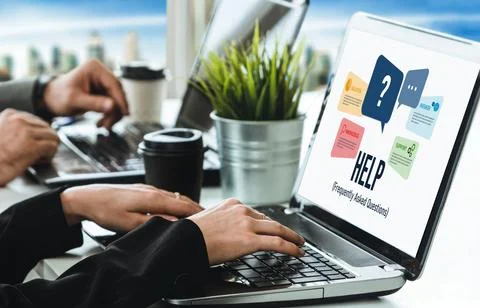 Help screen on the website provide answer to FAQ snugly 스톡 사진