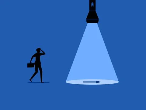 Help show the way or solve the problem. Businessman follows the arrow to op.. Illustrazione stock