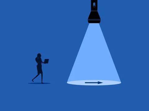 Help show the way or solve the problem. Businesswoman follows the arrow to .. Stock Illustration