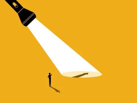 Help show the way or solve the problem. man follows the arrow to opportunity Illustrazione stock