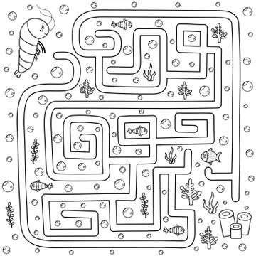 Help the shrimp find the path to her home. Black and white labyrinth for kids Stock Illustration