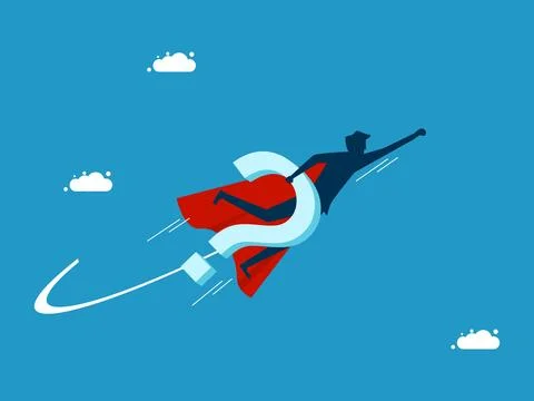 Help solve problems. Businessman holding a question mark flying in the sky イラスト素材