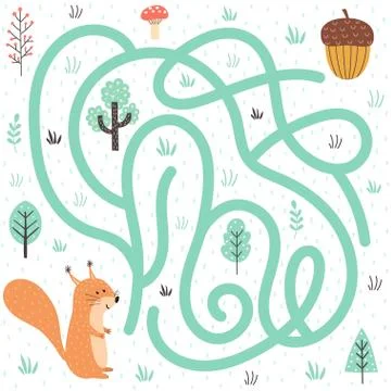 Help the squirrel find the way to the nut. Forest labyrinth for kids Stock Illustration
