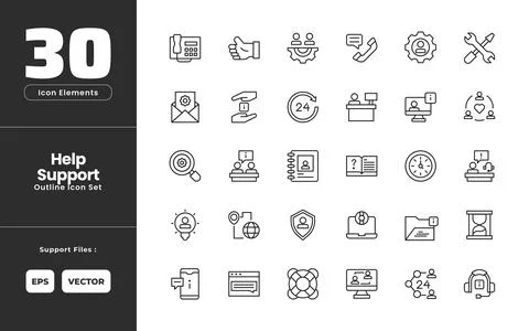 Help Support Icon Set Collection - Outline Line Art Style. Containing Telep.. Illustrazione stock