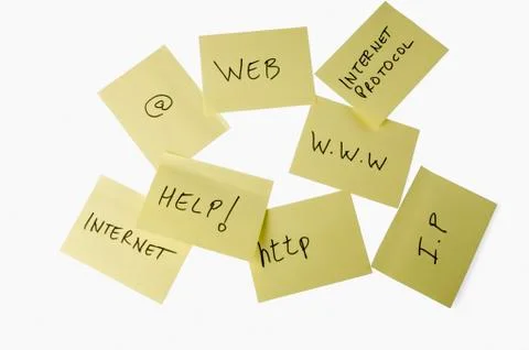 Help text with internet related words on adhesive notes 스톡 사진
