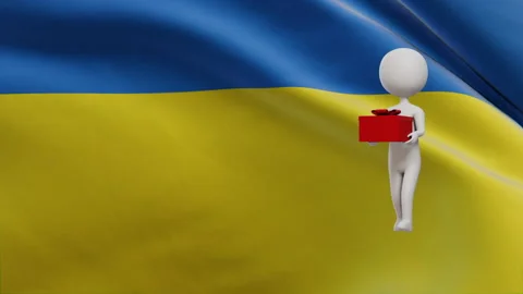 Help Ukraine concept man walking with gift box Ukrainian flag backgrround Stock Footage 171579258