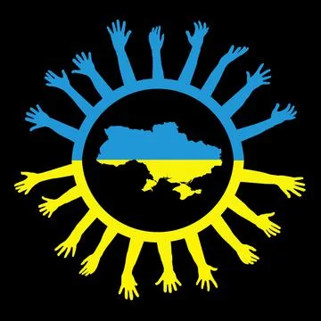 Help Ukraine concept with map of Ukraine and various hands raised asking for  Stock Illustration