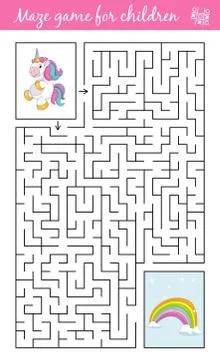 Help unicorn find path to rainbow bridge through the labyrinth. Maze game Illustrazione stock