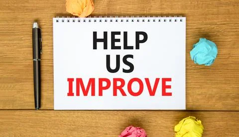 Help us improve symbol. Concept words Help us improve on beautiful white note Foto stock